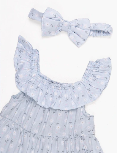 Conjunto Vestido + Panty + Cintillo Flores Celeste