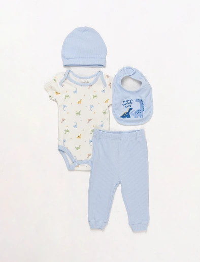 Conjunto  Body + Pantalón + Gorro  + Babero Celeste