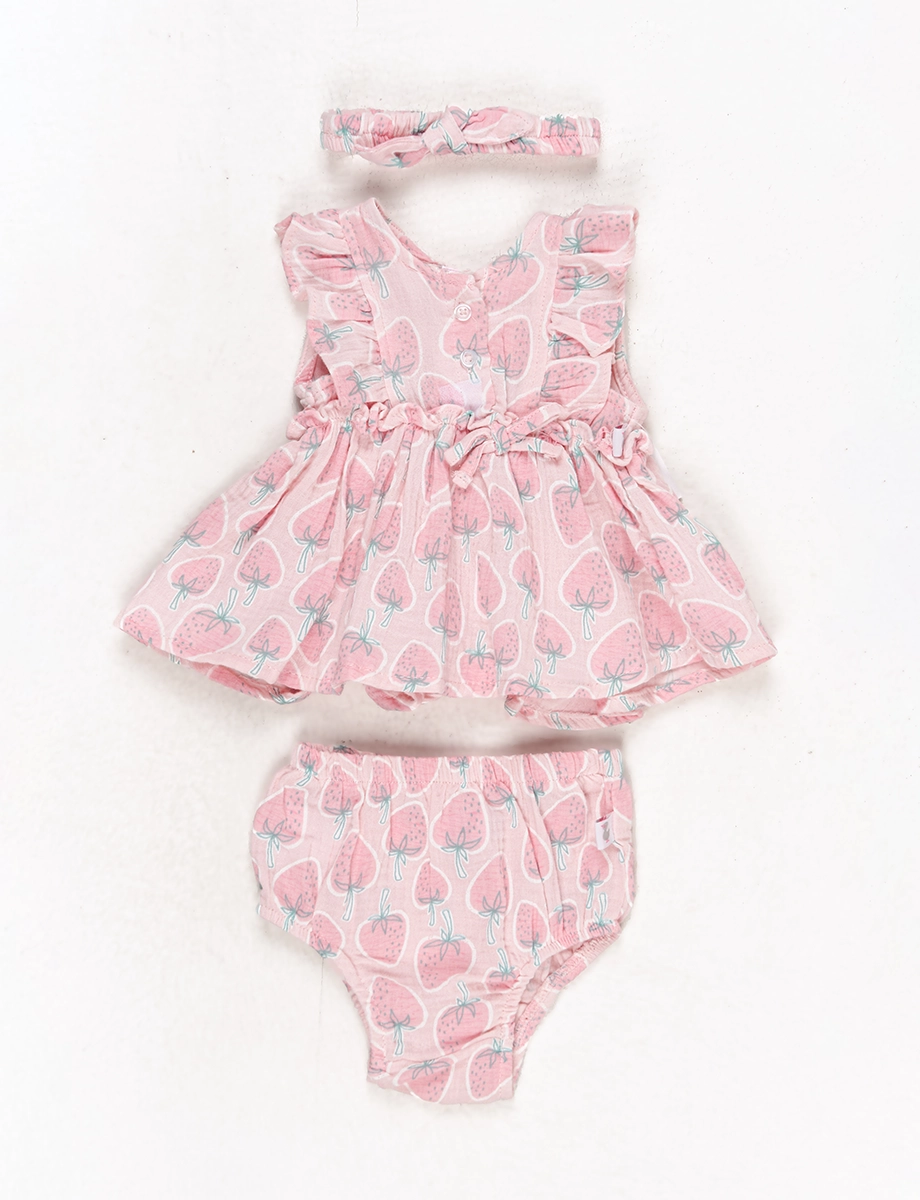 Conjunto Vestido + Panty + Cintillo Fresas Rosado