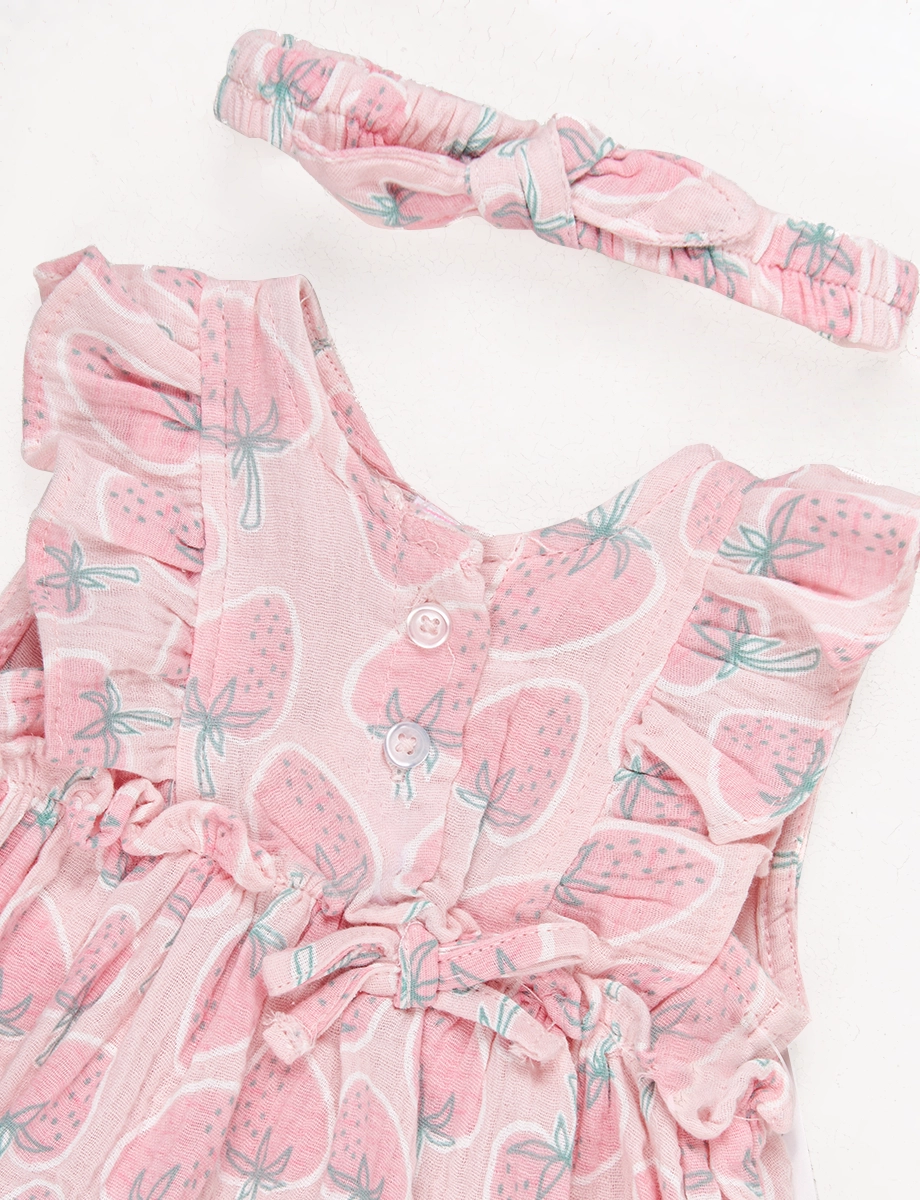 Conjunto Vestido + Panty + Cintillo Fresas Rosado