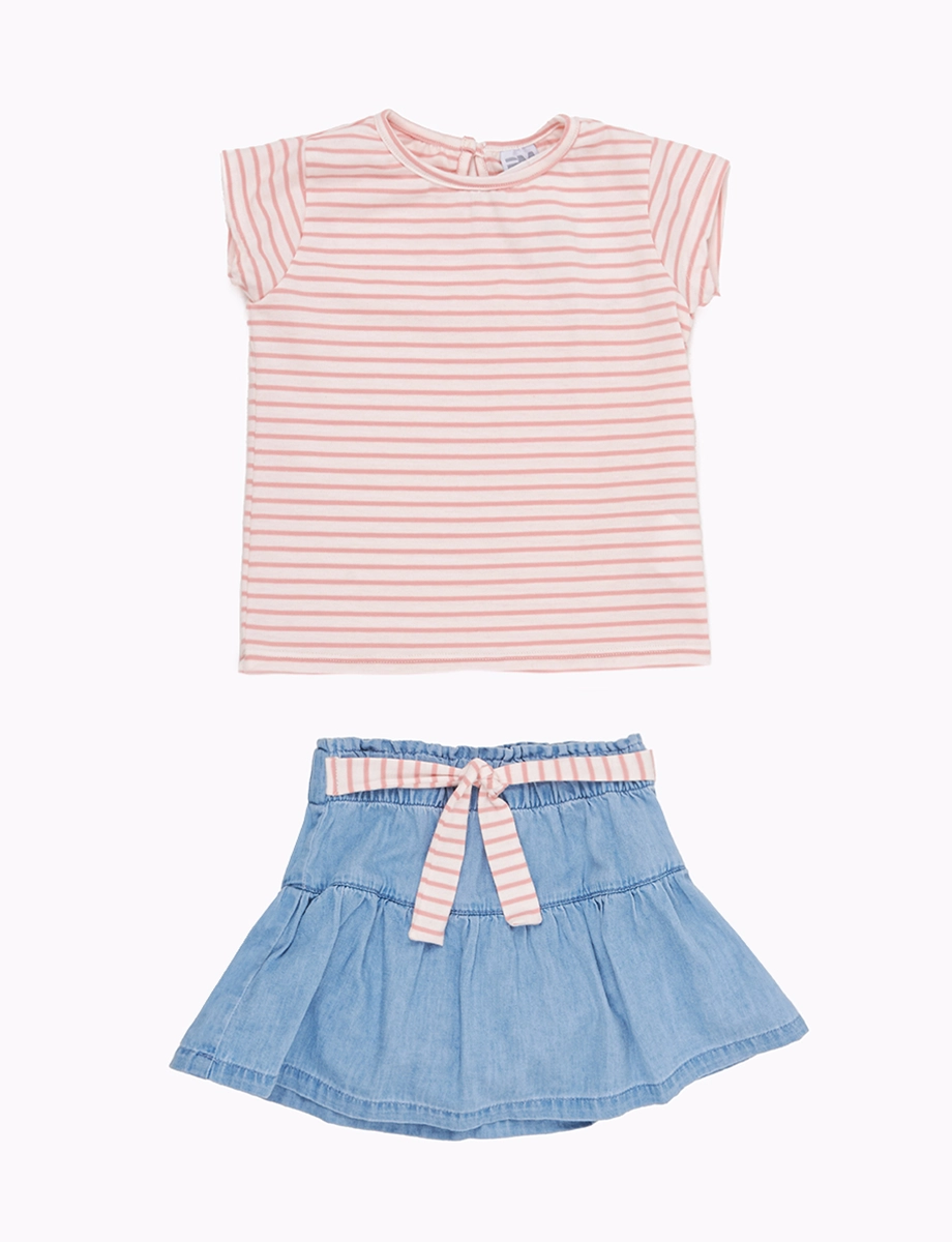 Conjunto Camiseta Rayas + Falda Celeste