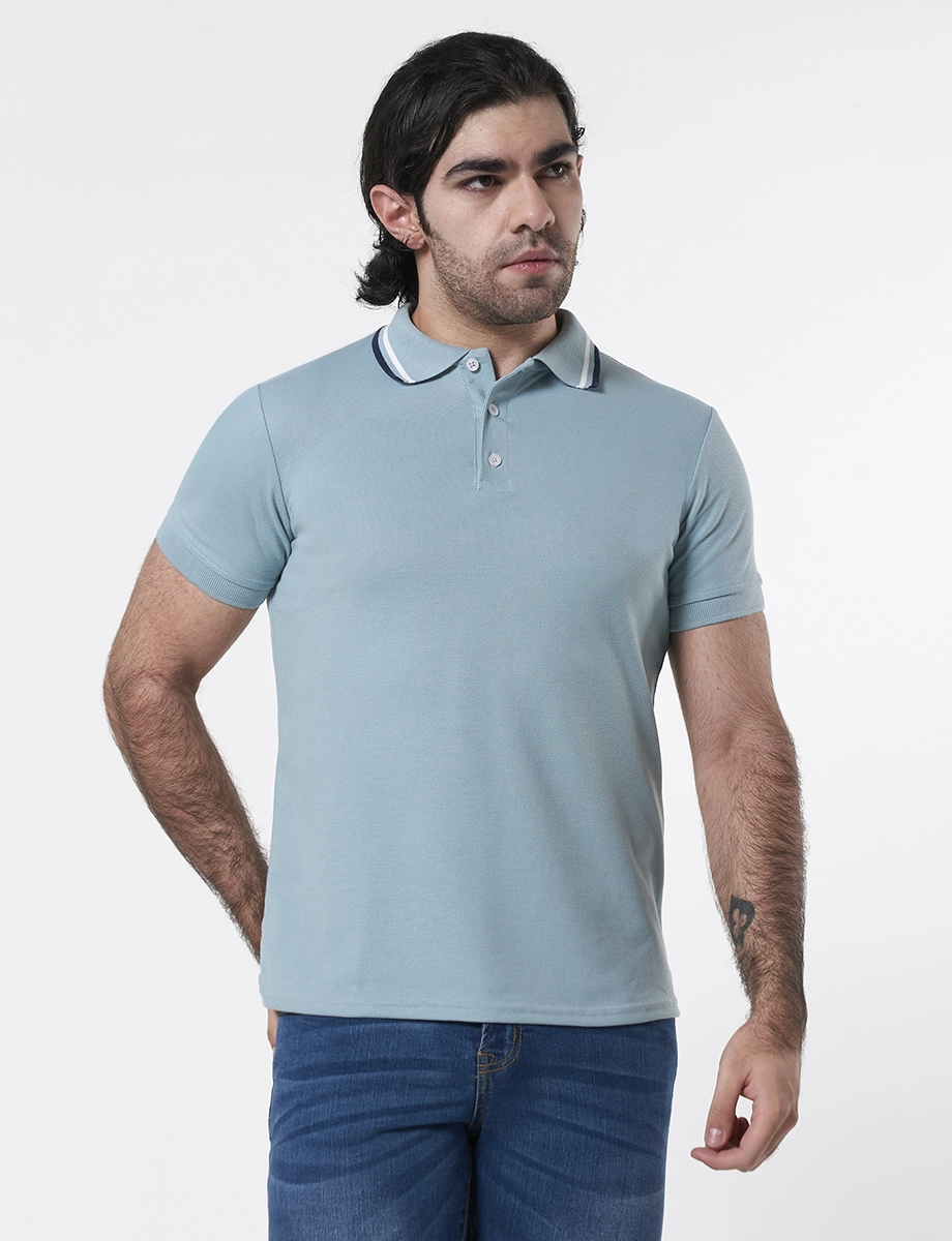 Camiseta Polo Tejida Celeste Medio