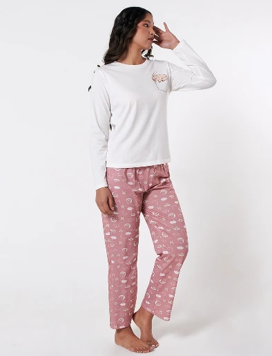 Pijama Buzo Blanco + Pantalón Rosa