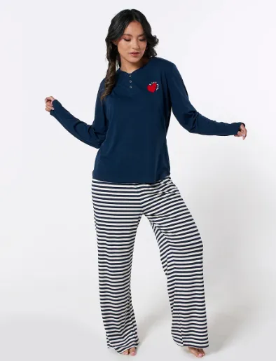 Pijama Buzo Azul + Pantalón Rayas