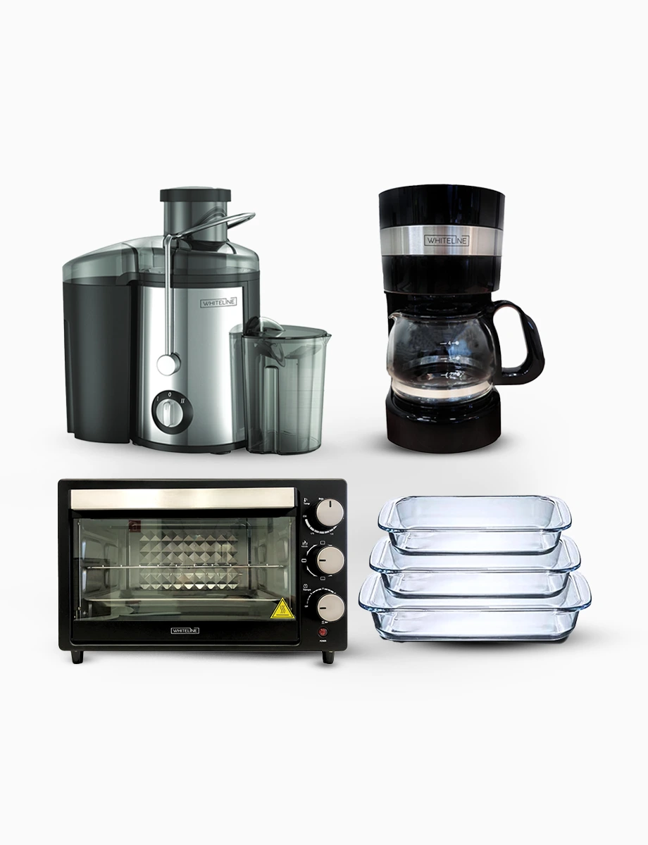 Combo Horno Eléctrico + Cafetera + Extractor de jugos | Whiteline + Set x3 Fuente de Vidrio