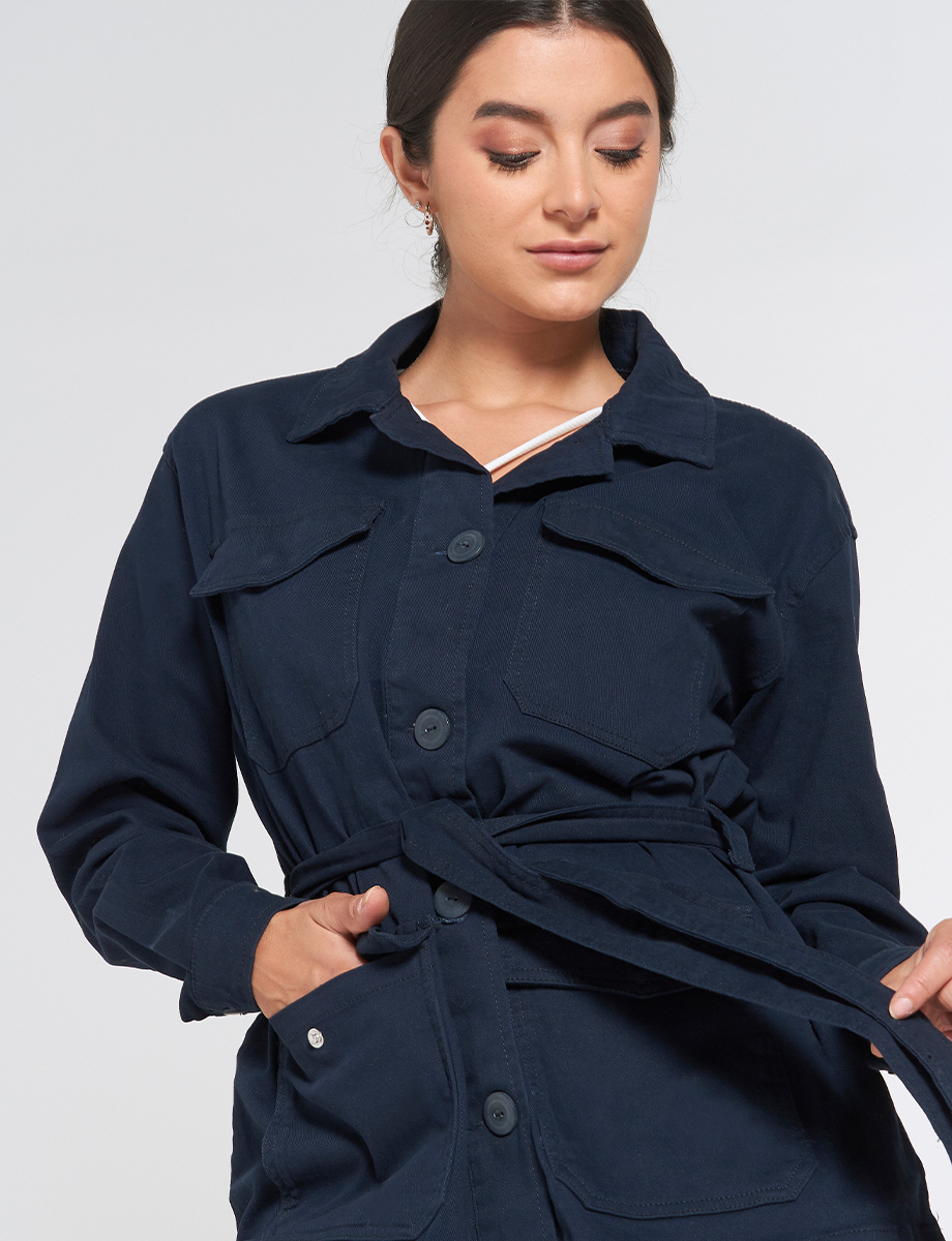 Chaqueta 3/4 Unicolor con Cinturón
